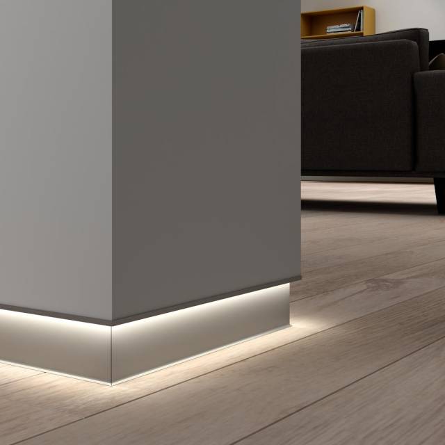 Promotional atmosphere created using Novorodapie Eclipse® Aluminium matt silver, showing a suggestion for one possible use of this product. EMAC® does not manufacture, sell or supply any LED strip whatsoever with the Novorodapie Eclipse® product. The choice of LED strip should be undertaken by the installer, taking into account the circumstances of the installation site.